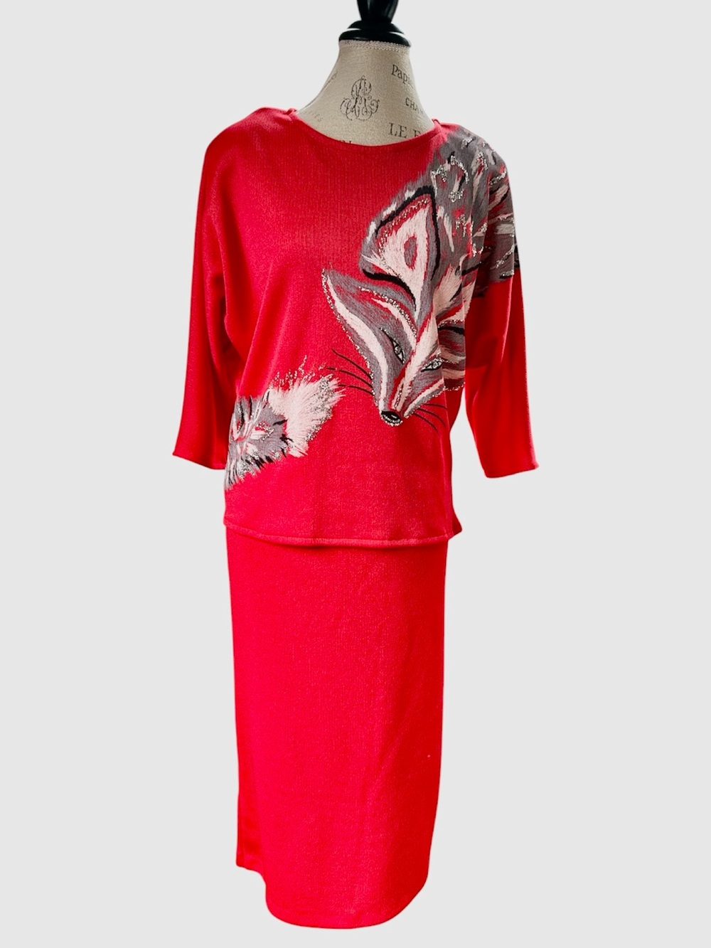 Sportland Modes 1980’s vintage red skirt set embellished fox motif top EVC M